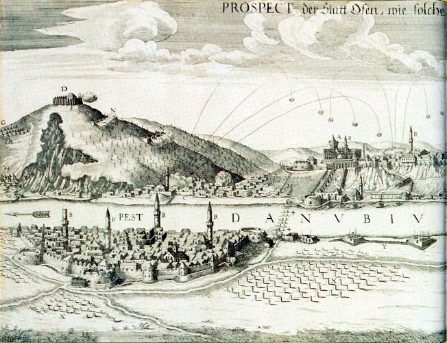 H:Budapest>Buda und Pest, Zeichnung von Louis Nicolas d'Hallart 1684a